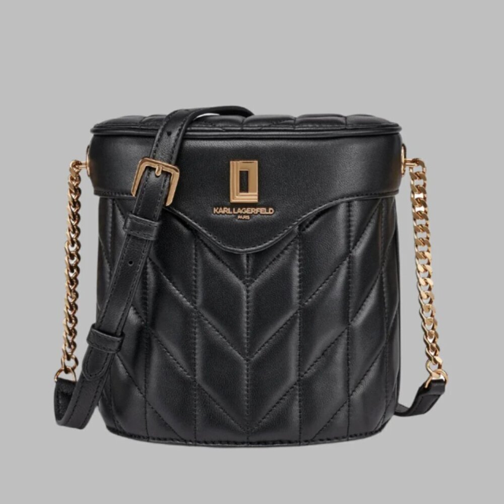 NWT！Karl Lagerfeld LAFAYETTE Quilted CROSSBODY BUCKET BAG Women -BLACK